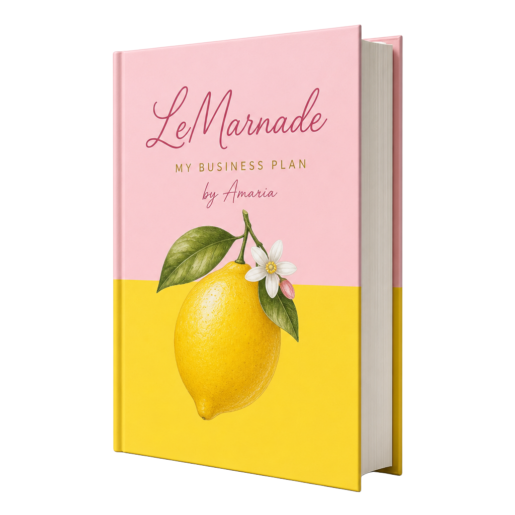 3D mockup of Amaria's LeMarnade business plan workbook